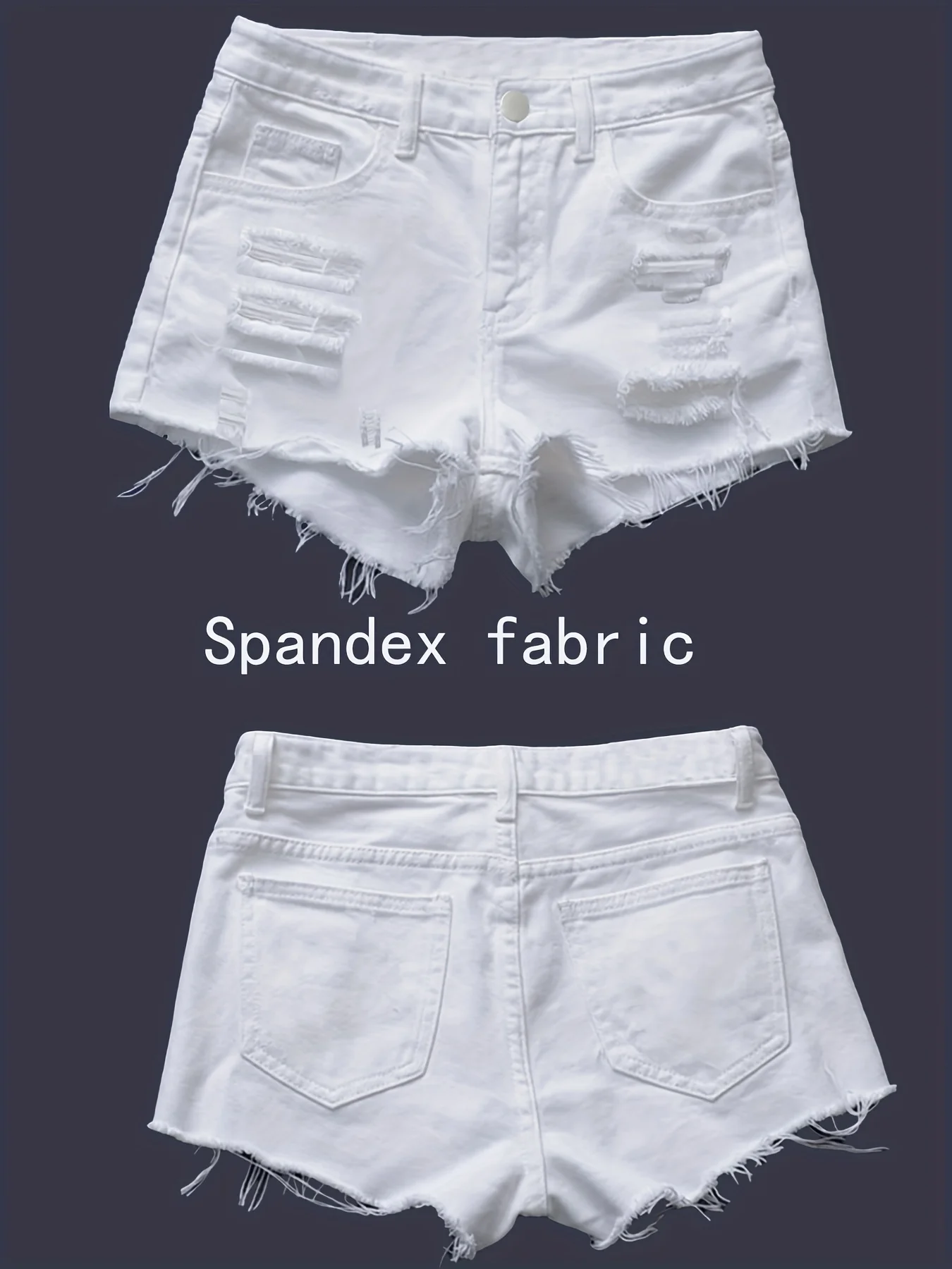 Bermuda da donna elegante in denim bianco puro a vita alta, vestibilità slim elasticizzata, pantaloncini versatili in denim strappato bianco tinta unita