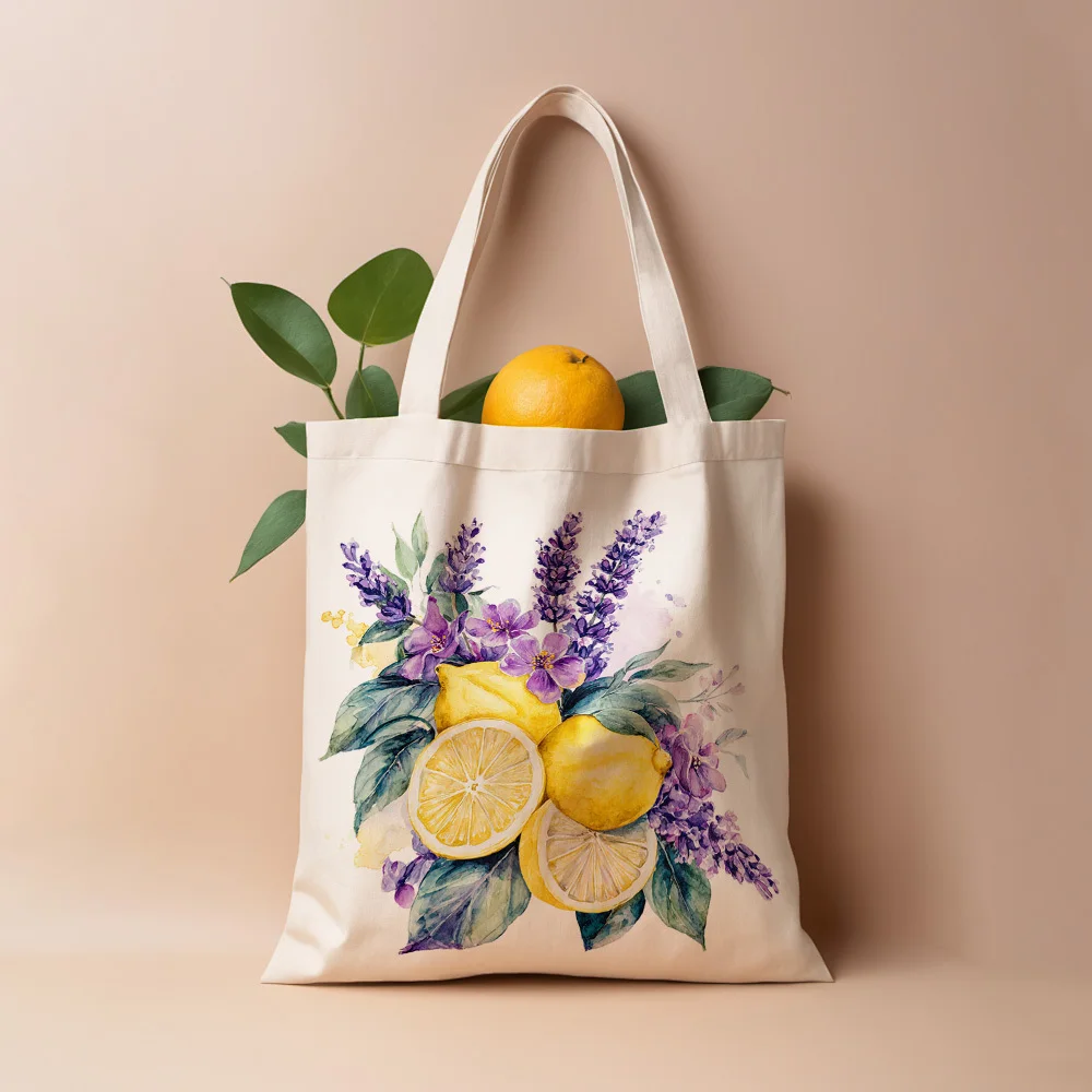 A Lemon Lavender printed canvas tote bag, suitable for daily