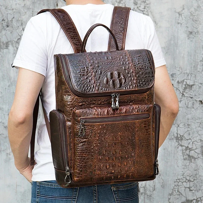 

100% Genuine Leather Laptop Backpack For Men Crocodile Business Backpack For 14 Inch Laptop Fashion Schoolbag For Men Crocodile