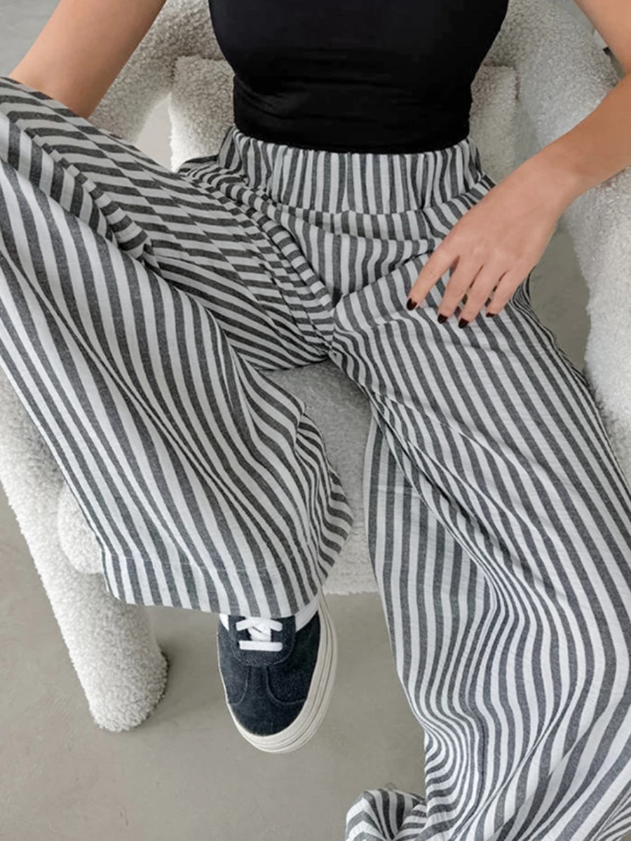 Bronladies High Waisted Thin Pants Women\'s Stripe Versatile Fashionable Loose Trousers Casual Office Lady Wide Leg Pants Summer