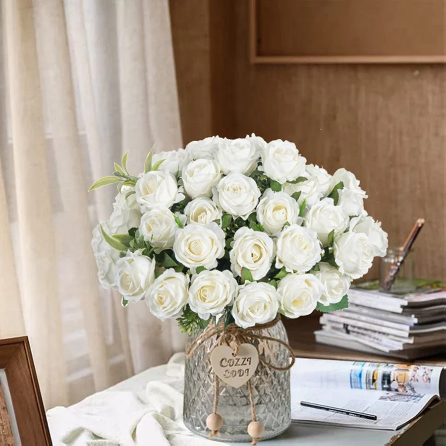 

Artificial Flower Ten Silk White Rose Bundle Scrapbook Valentine Wedding Outdoor Garden Party Family Room Vase Decoration