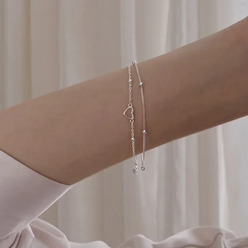 925 فضة مزدوجة الحب القلب الجوف الخرز المستديرة سوار أنثى موضة رومانسية مجوهرات جديدة كلاسيكية هدايا قابلة للتعديل