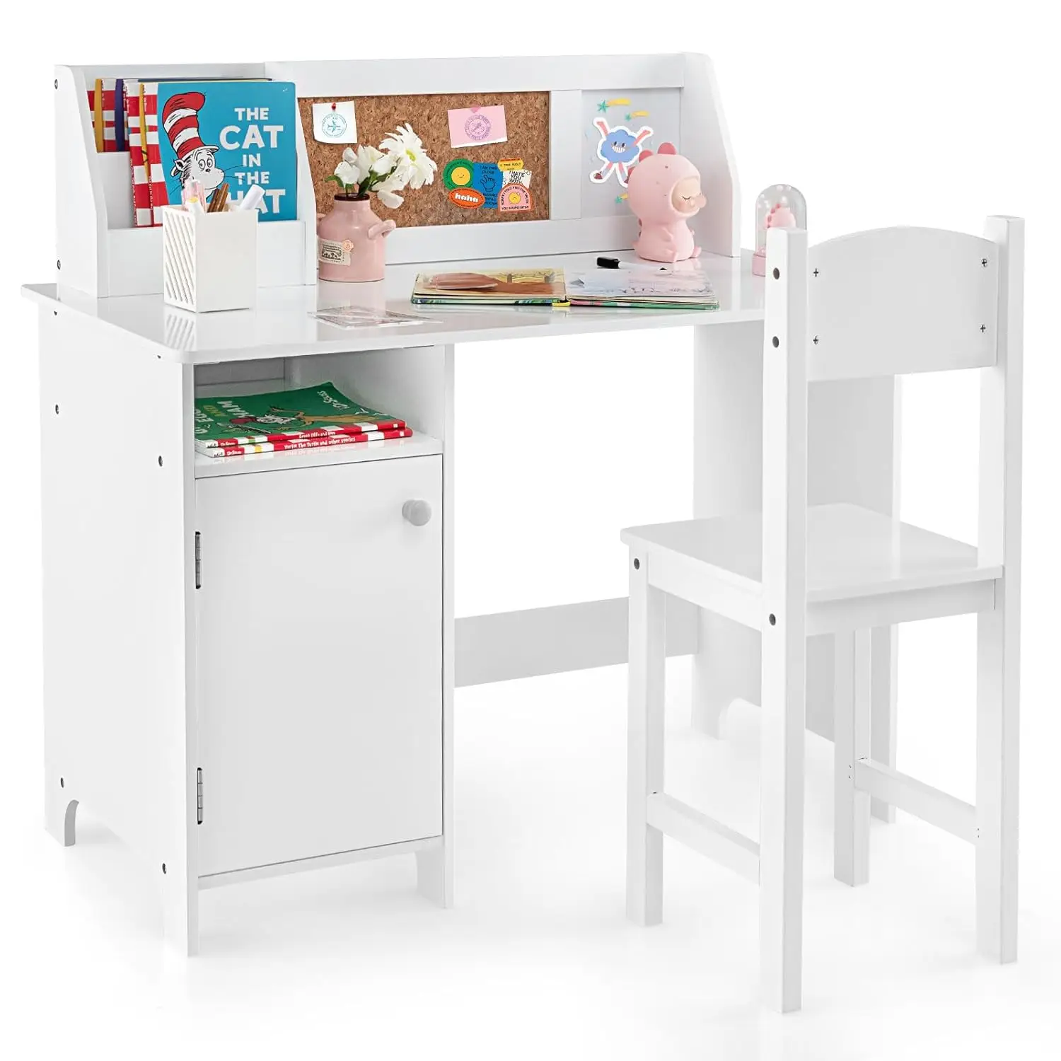 

Kids Desk and Chair Set, Wooden Children School Study Table and Chair w/Whiteboard, Hutch, Storage Shelves, Student Writing Desk