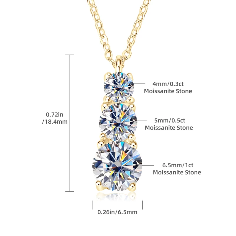 

Anziw 925 Silver Necklace 1.80CTW.3 Stones D Color Round Moissanite Pendant Necklace for Women Certified Jewelry 18K Gold Plated