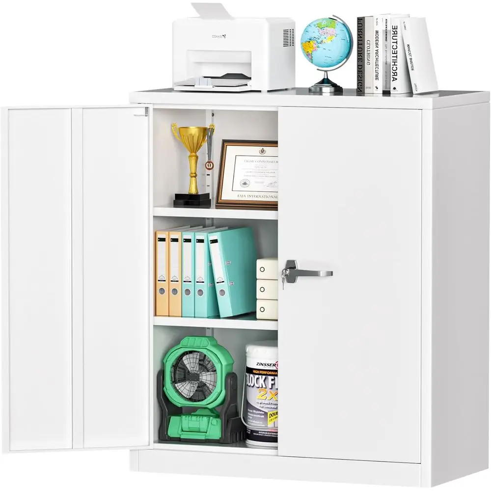 

36" White Metal Storage Cabinet with Lock,2 Doors 2 Adjustable Shelves Steel Cabinet for Home Office Garage Warehouse Study Room