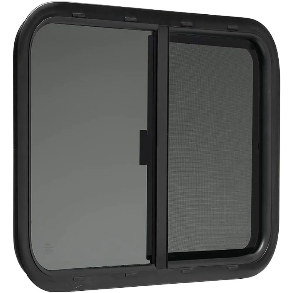 نافذة RV سوداء منزلقة أفقية مقاس 30 × 20 بسمك 1.5، وحلقة تركيب وشاشة سفلية متضمنة