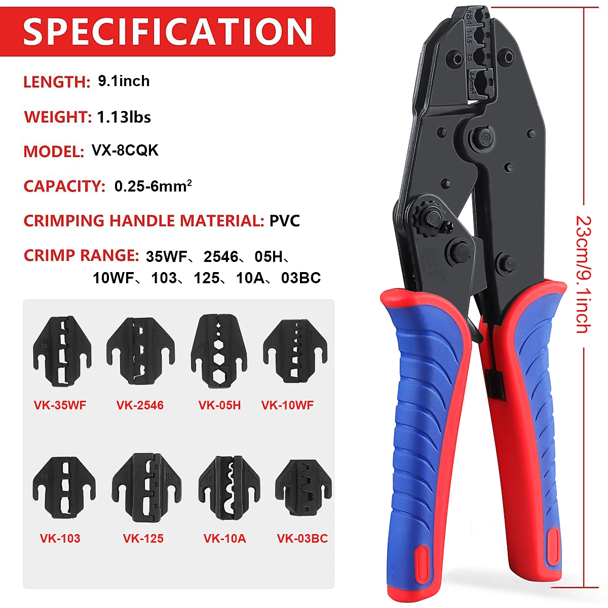 Crimping Tool VK-40J, Heat Shrink Crimping Tool Various Jaws for Ferrule Wire End,Open Barrel,Insulated and PV Conncetors