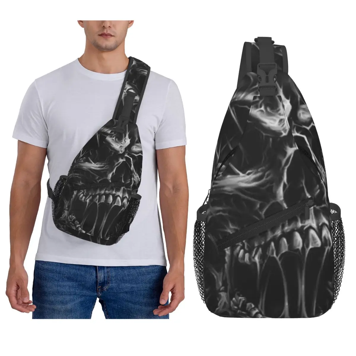 

Черная нагрудная сумка с черепом, мужской рюкзак через плечо, нагрудная сумка, дорожный походный рюкзак, сумка на плечо