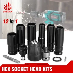 ONEVAN 12PCS Metal Sleeve Kit Electric Wrench Screwdriver Hex Socket Head Set for Impact Wrench Drill Power Tools