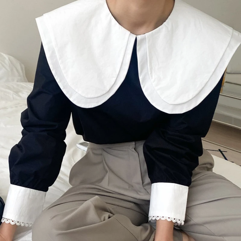 

Chic Autumn Double Layer Doll Collar Color Blo Loose Ruffle Patchwork Bubble Sve irt Top Korean Sle Long Sve Blouse