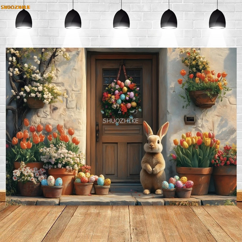 Easter Rabbit Wood Door Backdrop Flowers Eggs Birthday Party Baby Kids Portrait Family Party Photography Background Photo Studio