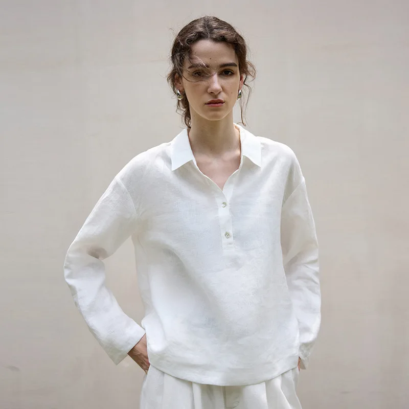 Camicetta vintage in lino 100% a maniche lunghe da donna con risvolto colletto polo autunno top allentato casual High Street Fashion Office Lady camicie
