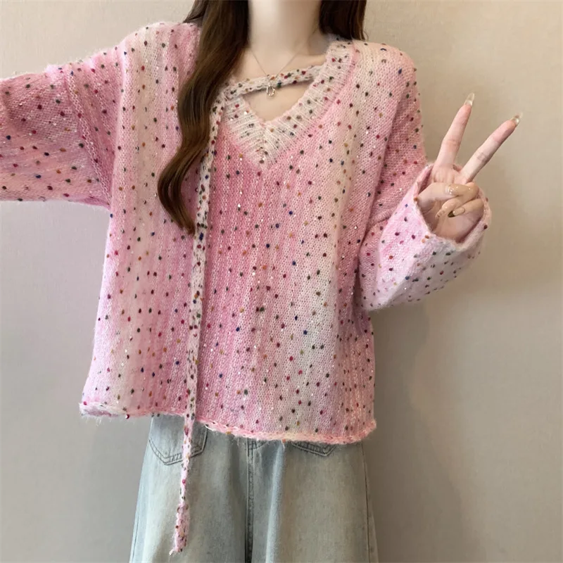 الكورية مطرز الملونة البولكا نقطة المرقعة لينة بريق سترة للنساء الخريف موضة جديدة أنيقة طويلة الأكمام البلوز الأعلى