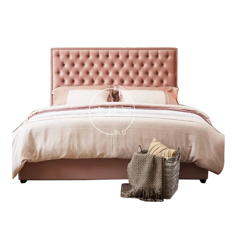 

Double bed French minimalist modern velvet queen bed American high back buckle bedroom model room