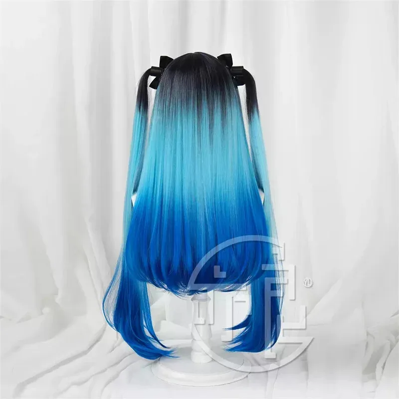 المائة خط دارومي Amemiya شعر مستعار تأثيري طويل أزرق أسود مزدوج ذيل حصان الشعر آخر الدفاع أكاديمية حفلة الهالوين للنساء