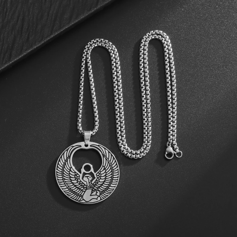 Stainless Steel Ancient Egyptian Isis Goddess of Life Wings Pendant Necklace for Men Women Lucky Amulet Jewelry