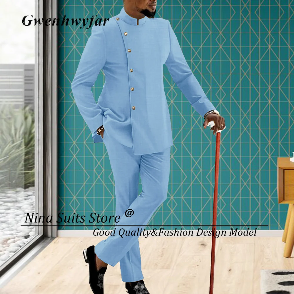 

Gwenhwyfar 2024 новый африканский дизайн мужские костюмы Небесно-Голубой пиджак с длинным рукавом и брюки комплект из 2 предметов Африканский мужской костюм для вечеринки Homme