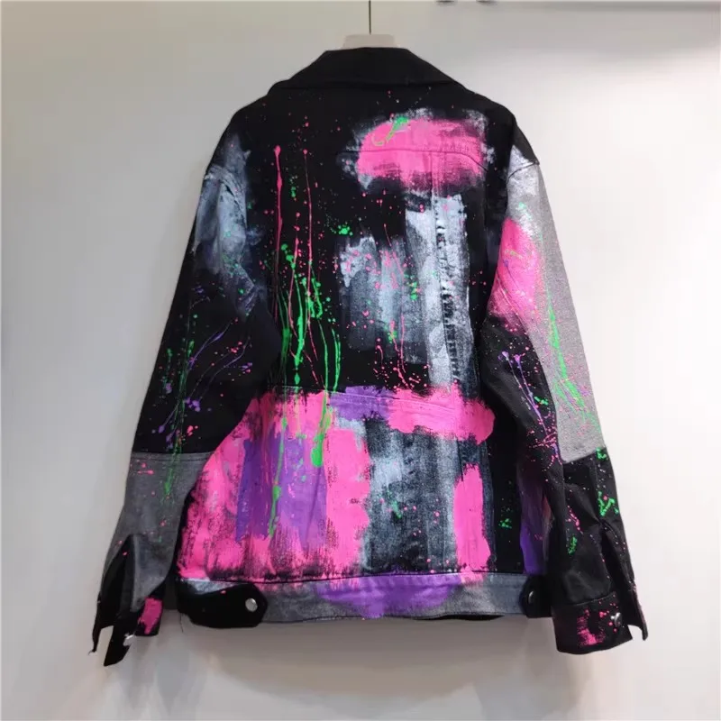 2023 Autumn New vintage hip-hop hand-painted graffiti jacket loose denim jacket for women Streetwear Y4390