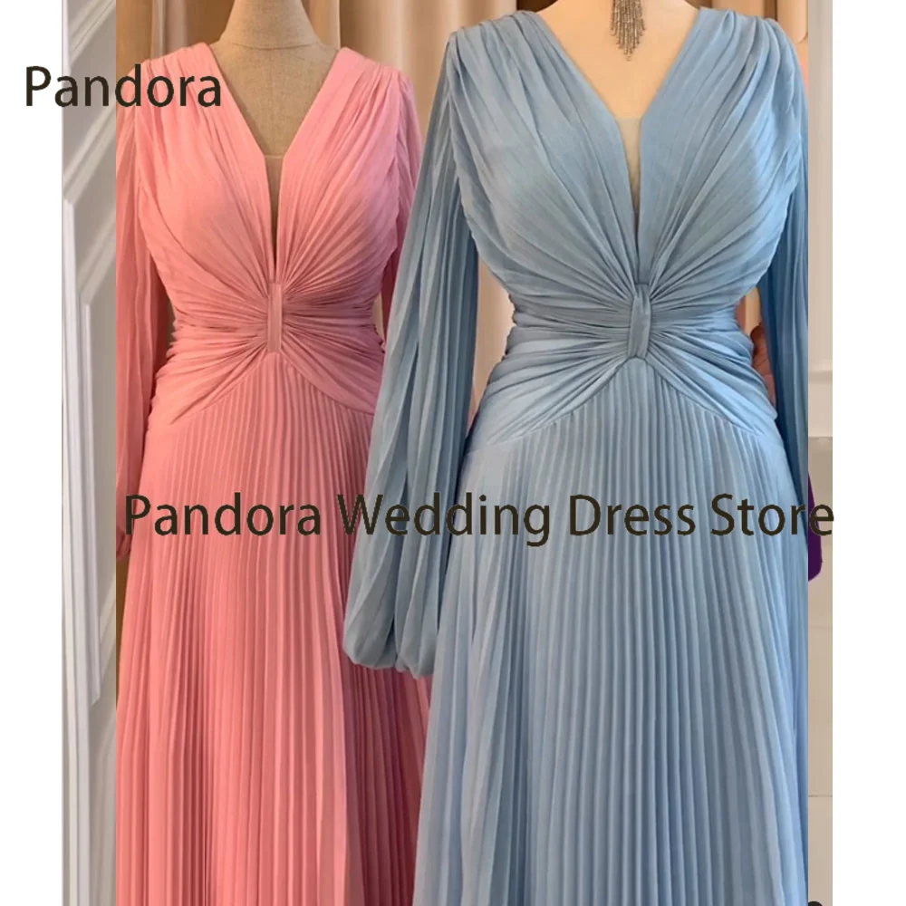 Pandora V-neck floor-length formal evening dress with full sleeve pleated ball gown, Arab Lady birthday wedding party dress