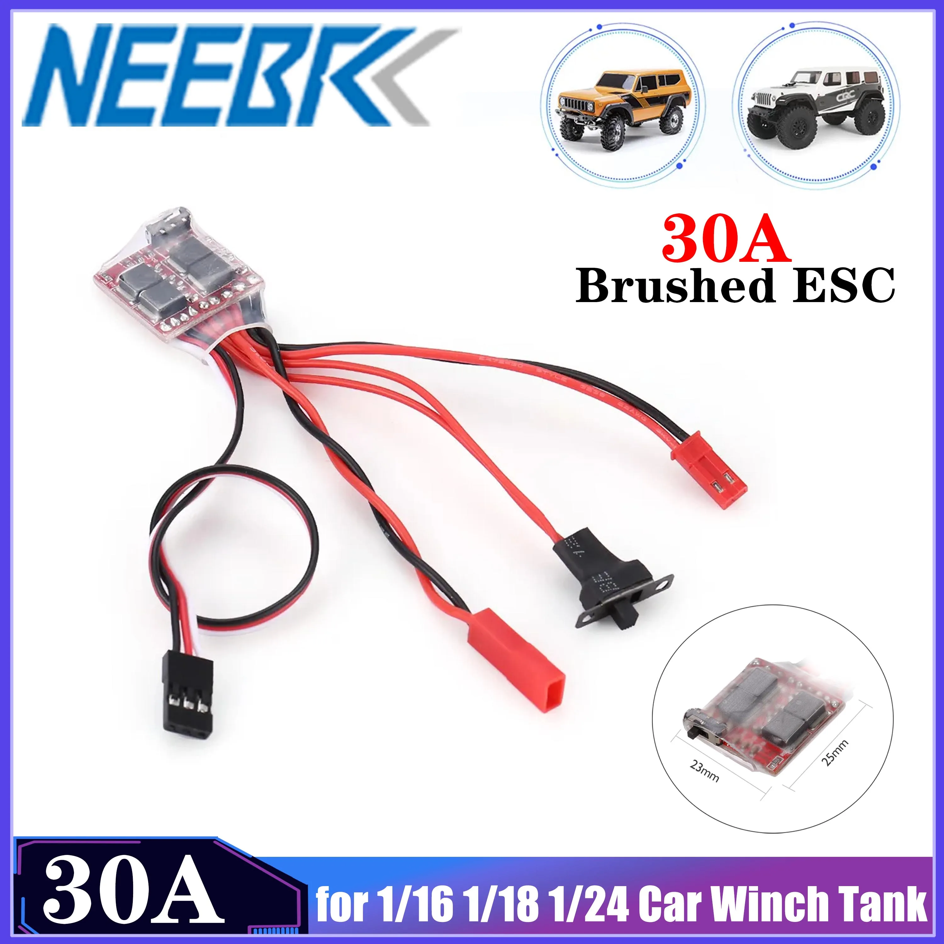 NEEBRC 30A Brushed ESC 4-8V Dual Way Brake Speed Controller for 1/16 1/18 1/24 RC Car Boat 370 380 390 Motor WPL HSP HPI Traxxas