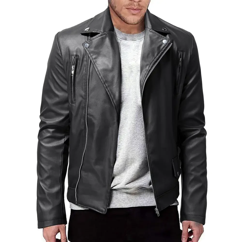 2024 giacca da uomo in pelle PU Solid Casual Slim Zipper manica lunga colletto rovesciato stile Punk giacca in pelle da moto vestiti