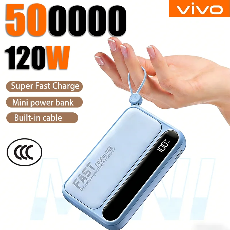 

Внешний аккумулятор VIVO 120W 500000 мАч большой емкости с 4-мя встроенными кабелями, интеллектуальным цифровым дисплеем, портативный, для iPhone, Huawei, Новинка