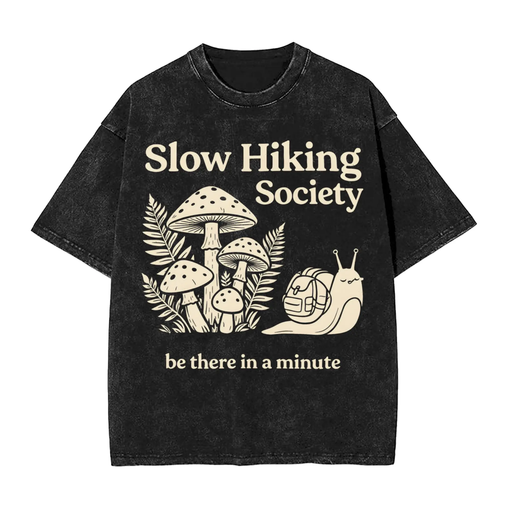 Slow Hikers Society Snail Hiking T Shirt Hip Hop Washed Cotton Harajuku T-Shirts Vintage Men Women Tops Streetwear Tee Shirt