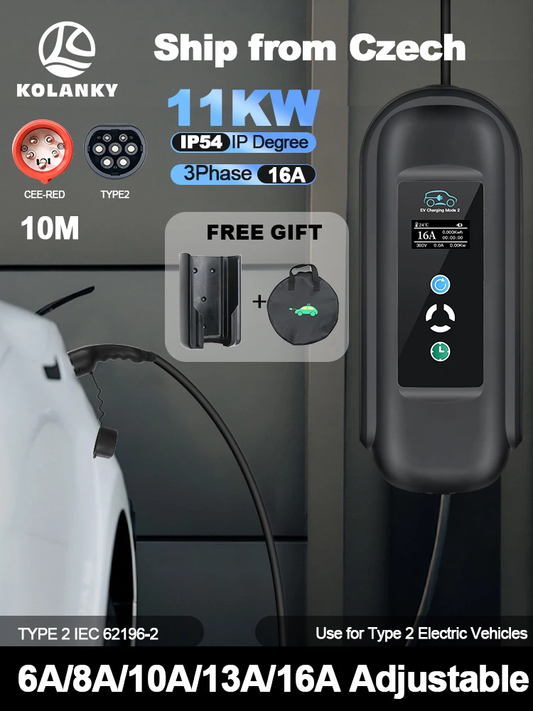 Kolanky Draagbare EV-oplader 16A 11KW Type 2 IEC-62169 Stroomregelaar Timer 1-15 uur Opladen Elektrische voertuigen Auto's 10M totaal - afbeelding 2
