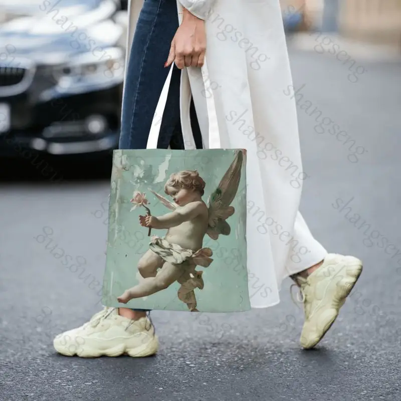 Vintage Rose Victorian Angel Tote bag fashion shoulder bag canvas handheld folding bag women casual large capacity shopping bags