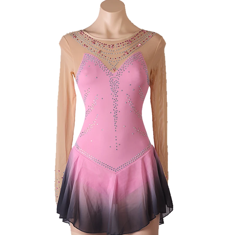 pink black gradient color Figure Skating Dress Women girl Ice Skating Dress Gymnastics Costume custom crystal rhinestone  B165