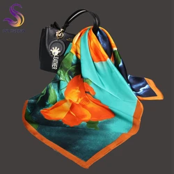 BYSIFA|Women Orange Blue Silk Square Scarves Hijabs Elegant Floral Printed Silk Neck Scarf Foulard Winter Head scarves Accessory