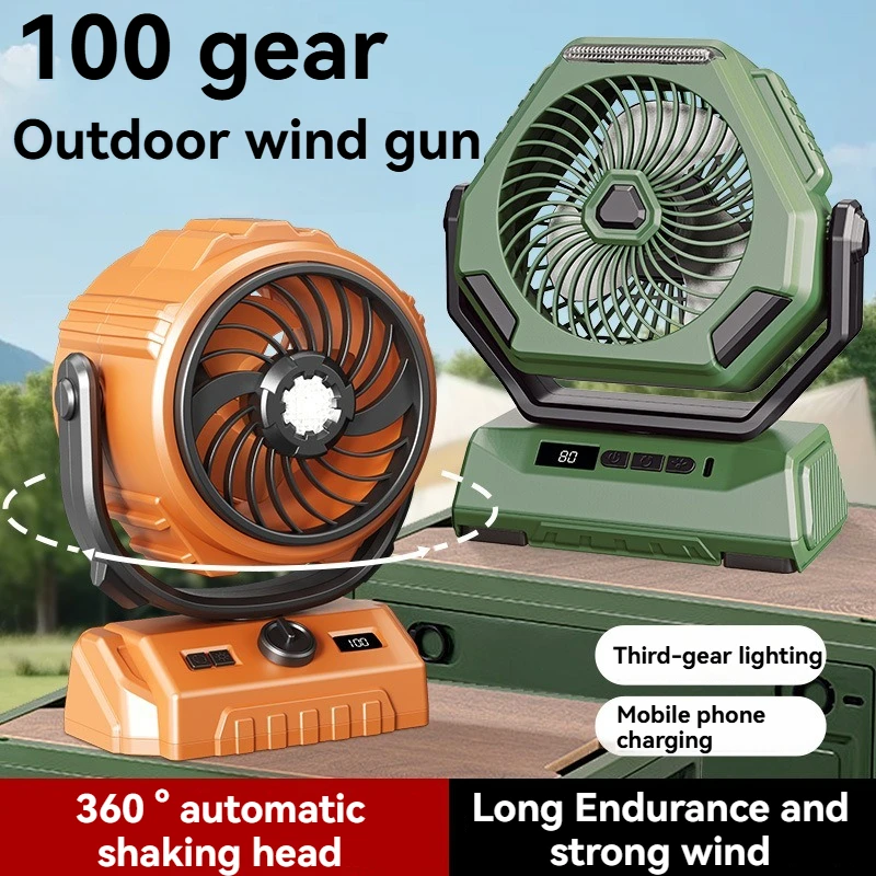 

New 6" Outdoor High-Speed Oscillating Fan, 100 Speeds + LED Light + Digital Display, Large Battery, Camping Essential