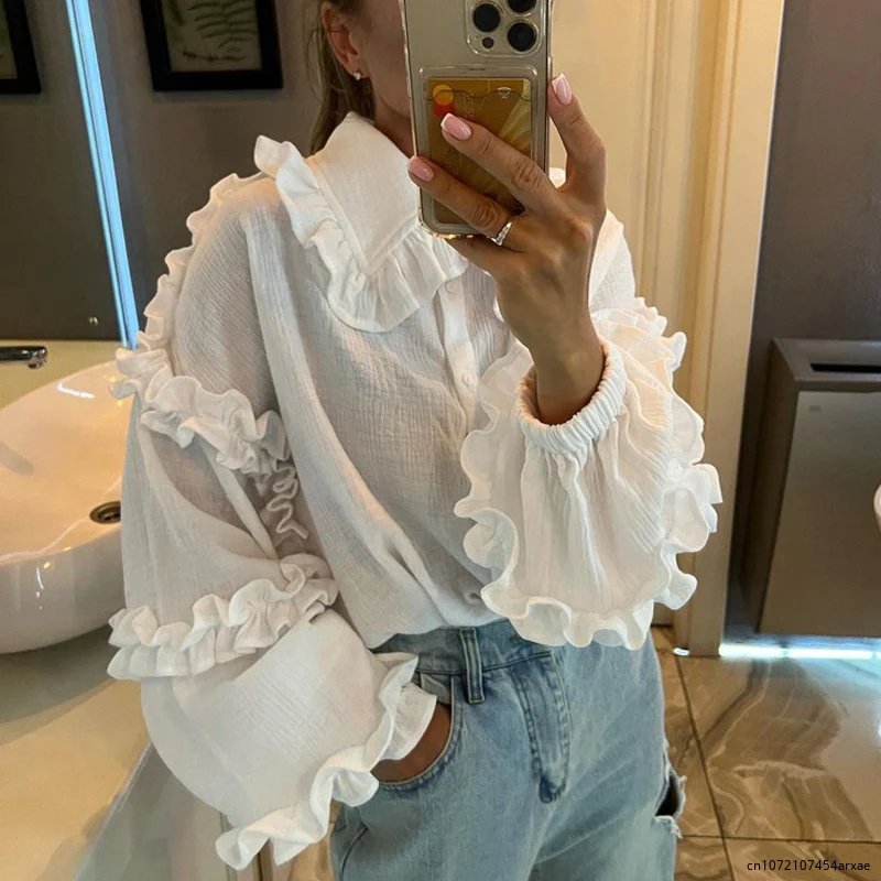 

Solid Color Lantern Sleeve Blouse Tops Female Doll Collar Ruffles Fashion Shirt Elegant Cotton Single-breasted Street Tops Blusa