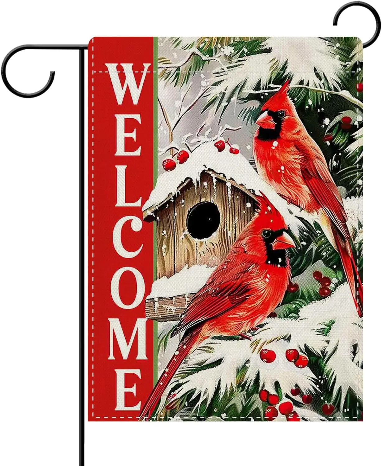 Dyrenson - Bandera decorativa de jardín con diseño de cardenales navideños, árbol de Navidad, pájaros rojos, casa para pájaros, bayas, decoración para el jardín, exterior del hogar, WZZ