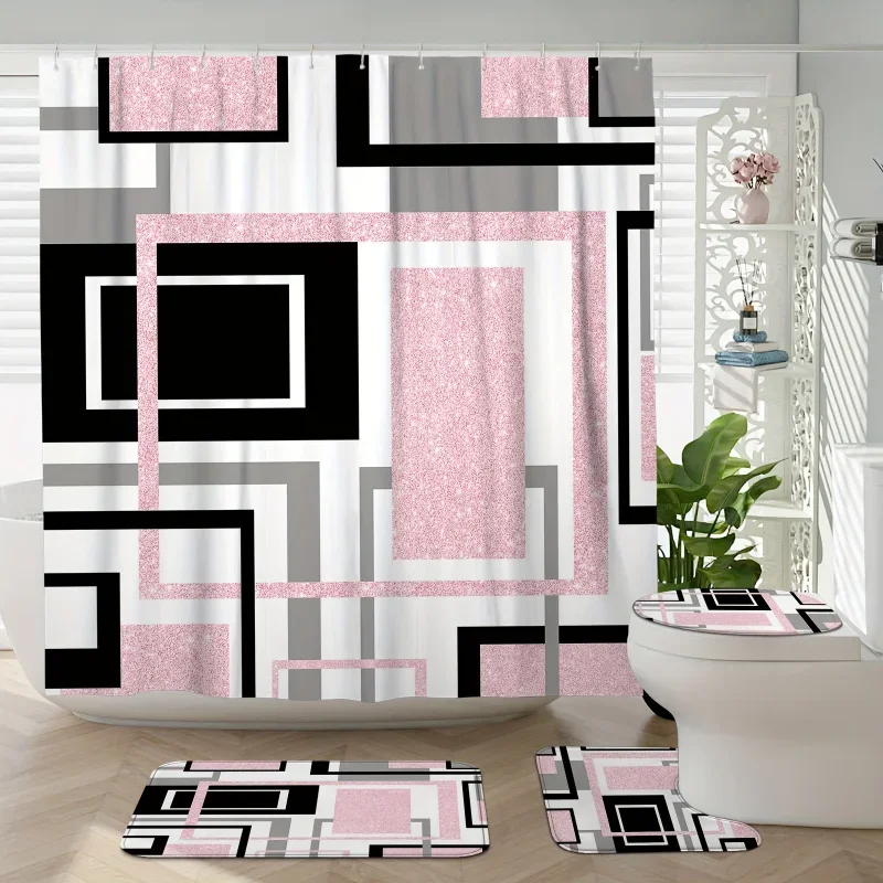 1/4pcs Black powder geometric shower curtain set, modern abstract, bathroom carpet, U-shaped mat, toilet seat cover, polyester F