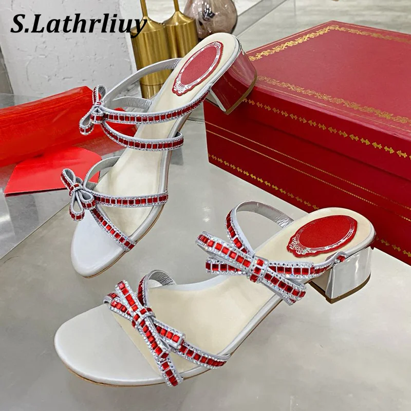 

2024 Summer Luxury Rhinestone Chunky High Heels Slippers Women's Bowknot Open Toe Cross Strap Sandals Sexy Party Banquet Shoes