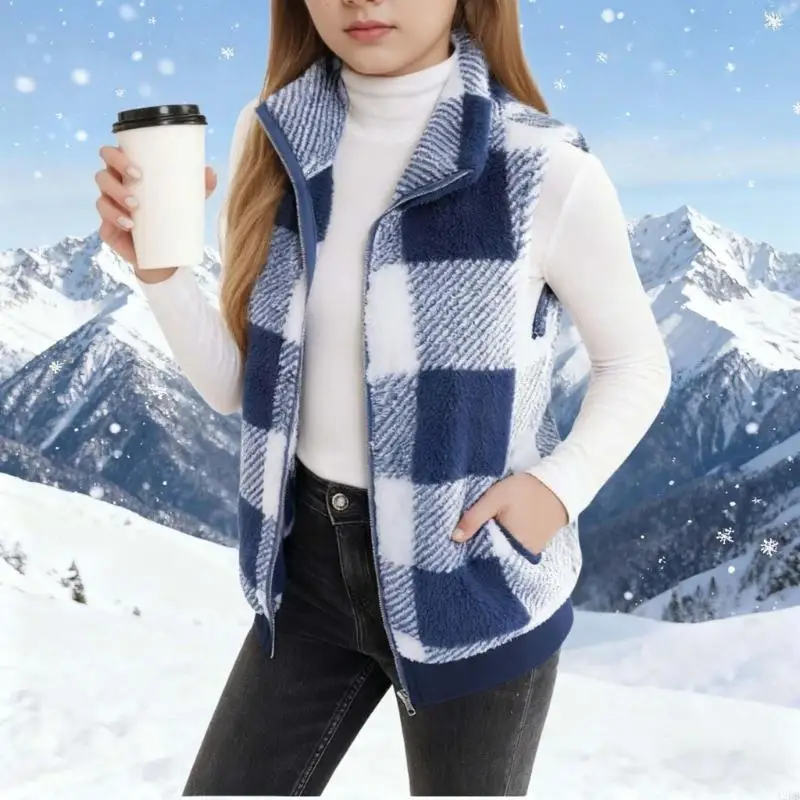

Girls Plaid Wool Vest Plush Sleeveless Cardigan Plush Lambskin Coat Cardigan Warm Vest A2UB