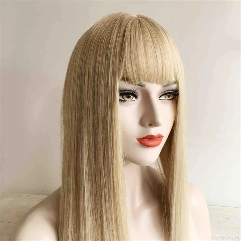 Ombre Platinum pirang HD transparan renda Wig depan dengan poni Wig sintetis tanpa lem Wig renda sintetis lurus sebelum dipetik