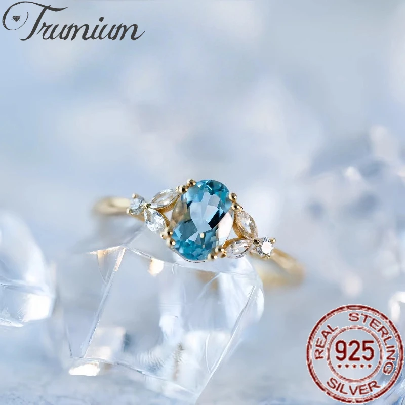 

Кольца Trumium из стерлингового серебра 925 пробы с овальными вставками морского синего цвета для женщин, регулируемое кольцо на палец с покрытием из 18-каратного золота, изысканные ювелирные аксессуары