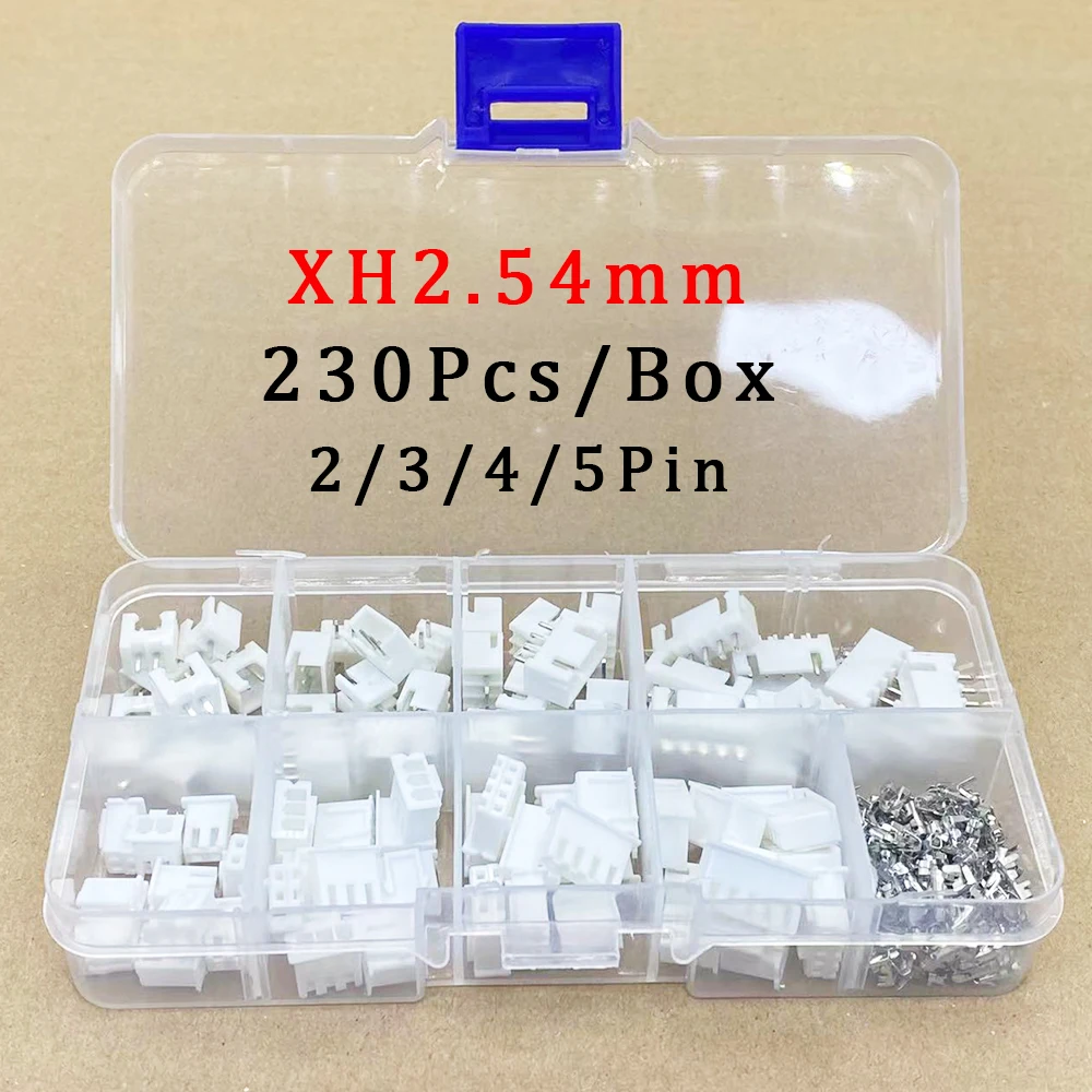 

230Pcs/Box XH2.54 JST Wire Connector Kit 2.54mm Pitch 2/3/4/5Pin Terminal Kit Male Female Housing Pin Header PCB Adaptor XH Set