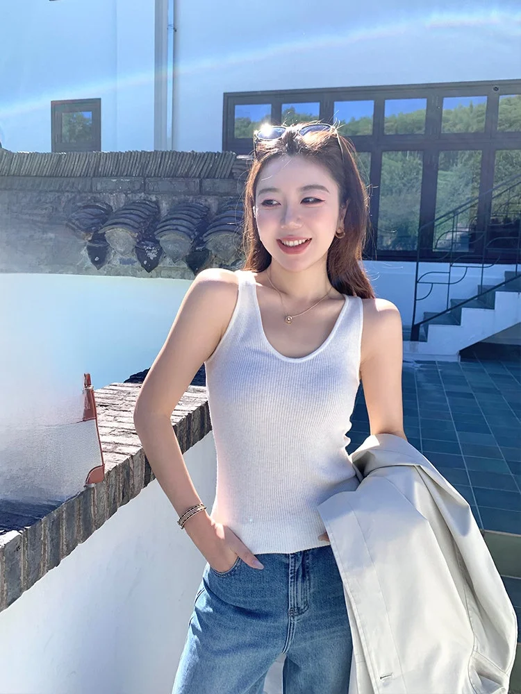 

Белый шерстяной вязаный топ-майка облегающего кроя, базовый слой, Irt Cheeseandkisses, новинка осени 2025, для повседневной носки, с U-образным вырезом, H-образный жилет