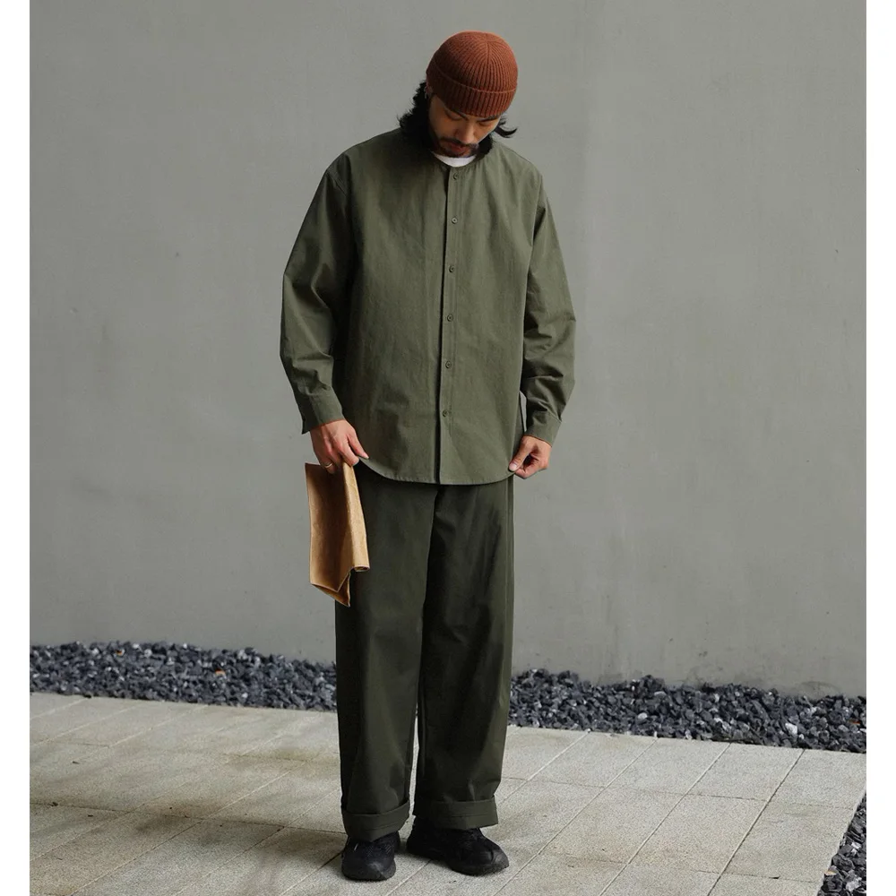 Men Collarless Japanese Korean Streetwear Fashion Loose Causal Oversize Long Sleeve Shirts Cityboy Cargo Shirt Vintage Blouses