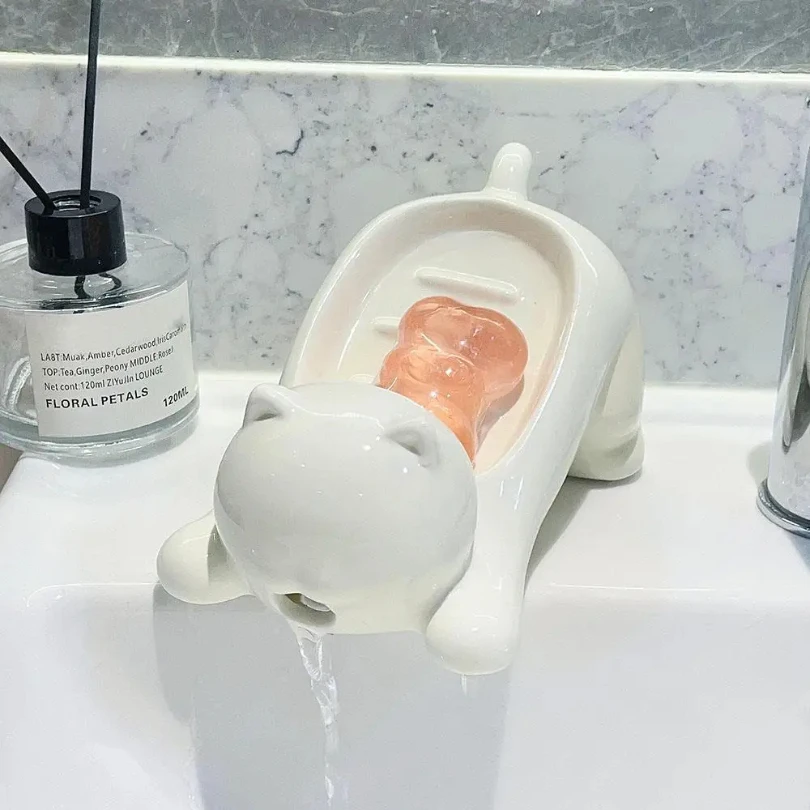 

Soap Dish Drainable Sponge Soap Bar Container Cute Cat-shaped Creative Water Drain Soap Tray Washing Sponge Holder For Household
