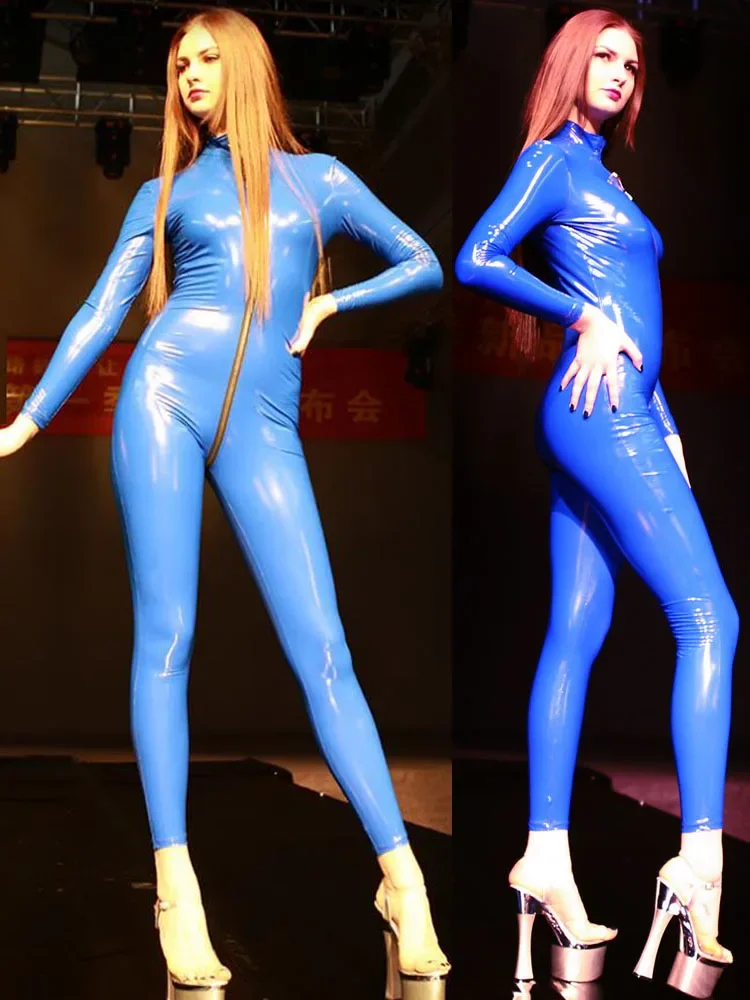 مظهر رطب PVC Catsuit كم طويل لامعة بولي Leather الجلود البريدي مفتوحة المنشعب ارتداءها ضيق تأثيري بذلة يوتار مثير Unitard كلوبوير