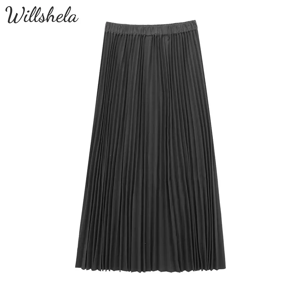 Willshela Women Fashion Black Pleated Midi Skirt French Style Female Chic Lady Mujer Long Skirt