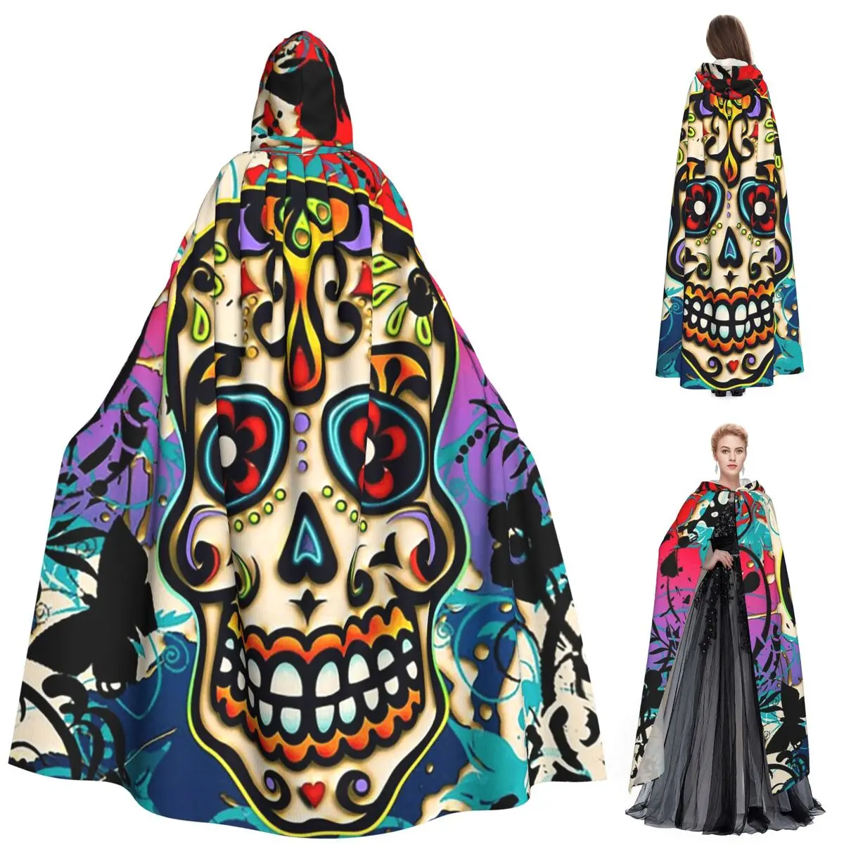 Crânio mexicano açúcar crânio dia dos mortos dias de los muertos longo com capuz manto bruxa traje medieval cosplay halloweenvampiro