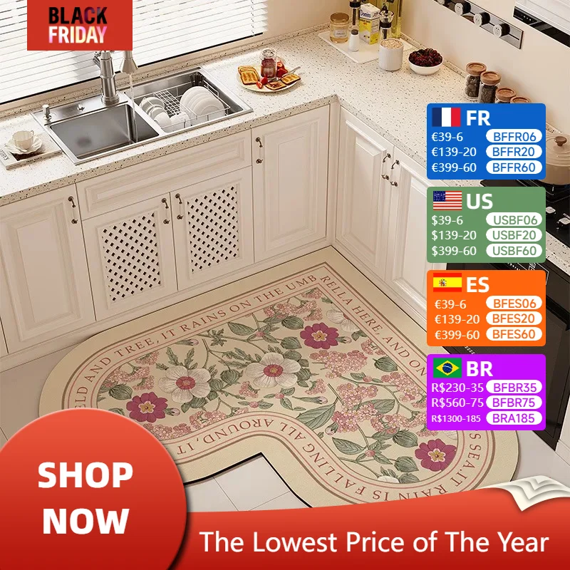 Alfombra de cocina en forma de corazón, patrón Floral americano, absorbente de agua, de secado rápido, alfombra de suelo de gran tamaño, alfombra antideslizante de barro de diatomeas