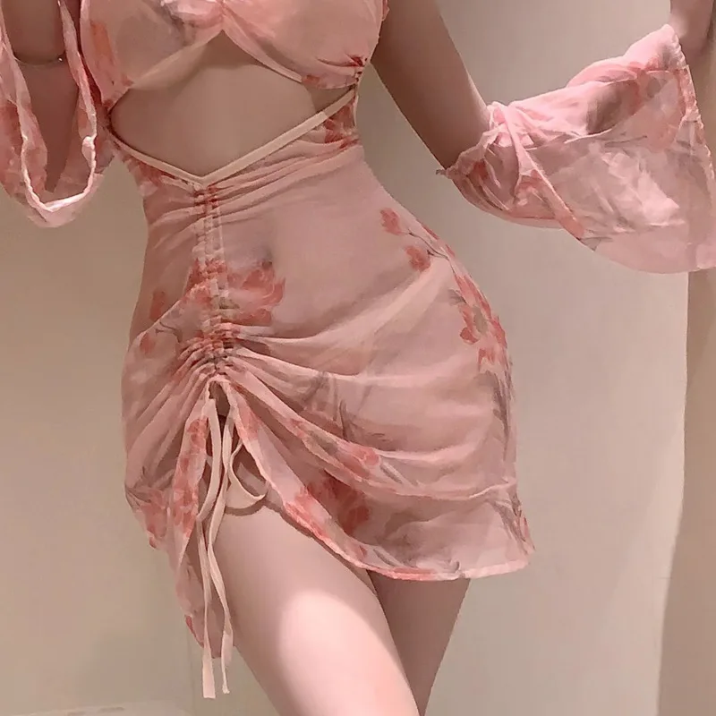 Sweet Flower Printed Sleepwear Dress Pure Desire Casual Style Backless Deep V Hanging Neck Sleeveless Pleated Dress Elegant LK54