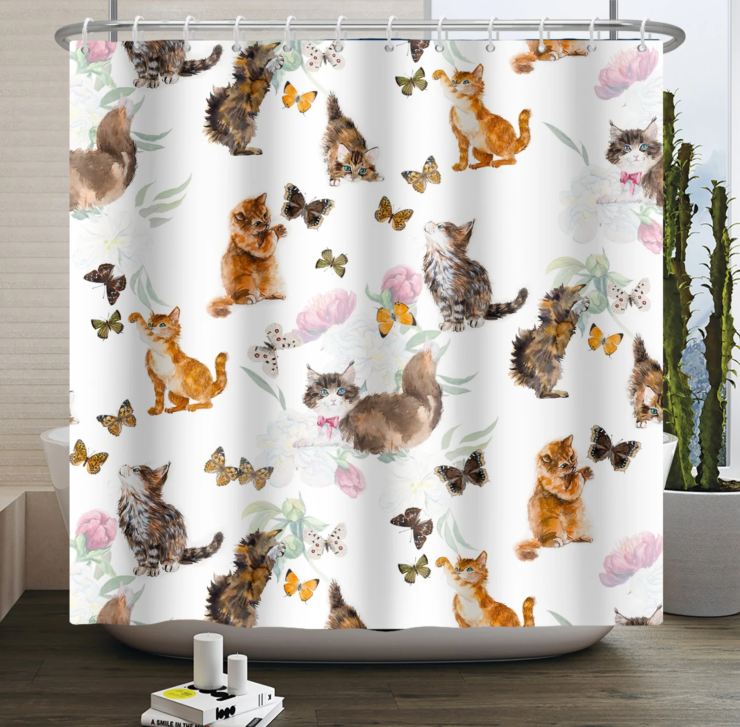 Funny Cat Shower Curtain Cartoon Cute Cats Dog Kids Shower Curtain for Bathroom Waterproof Polyester Home Decor Shower Curtains