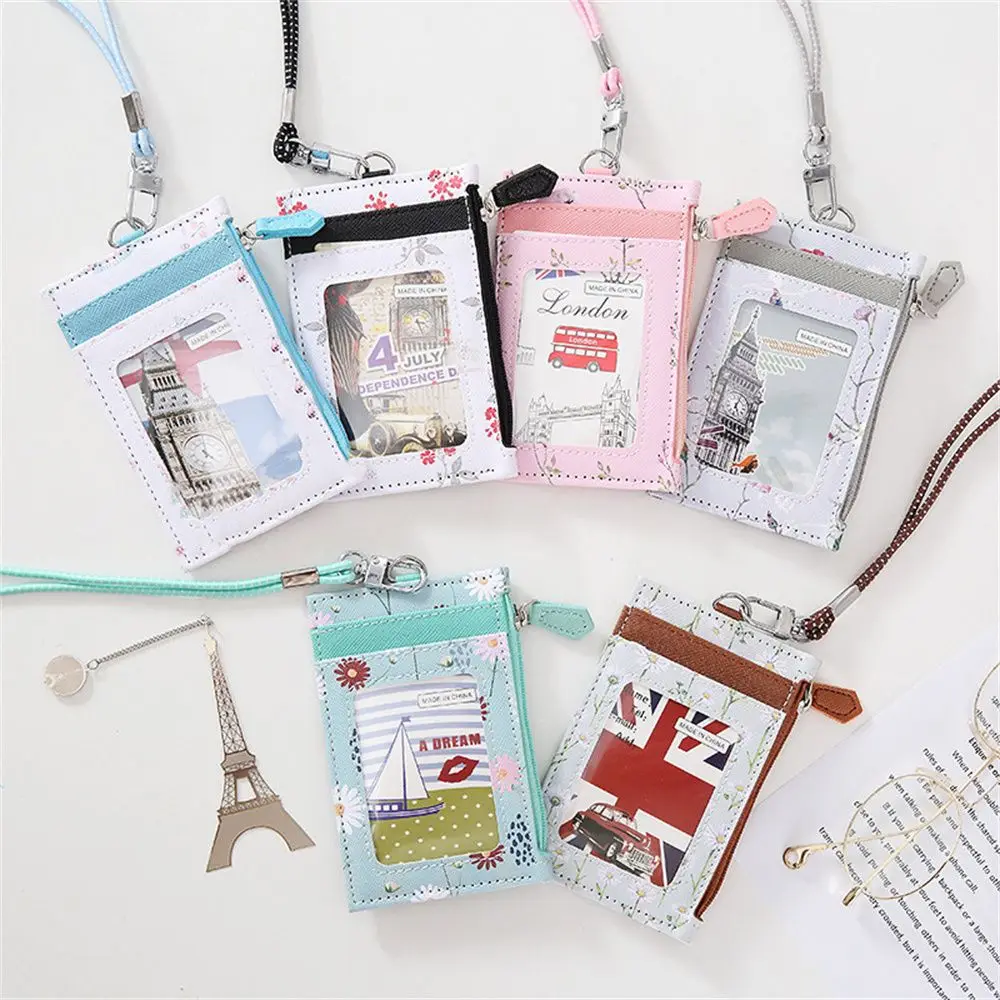 Con cordón, funda para tarjeta de comida, funda de cuero PU para tarjetas de identificación y autobús, monedero, cartera, bolsa con cremallera